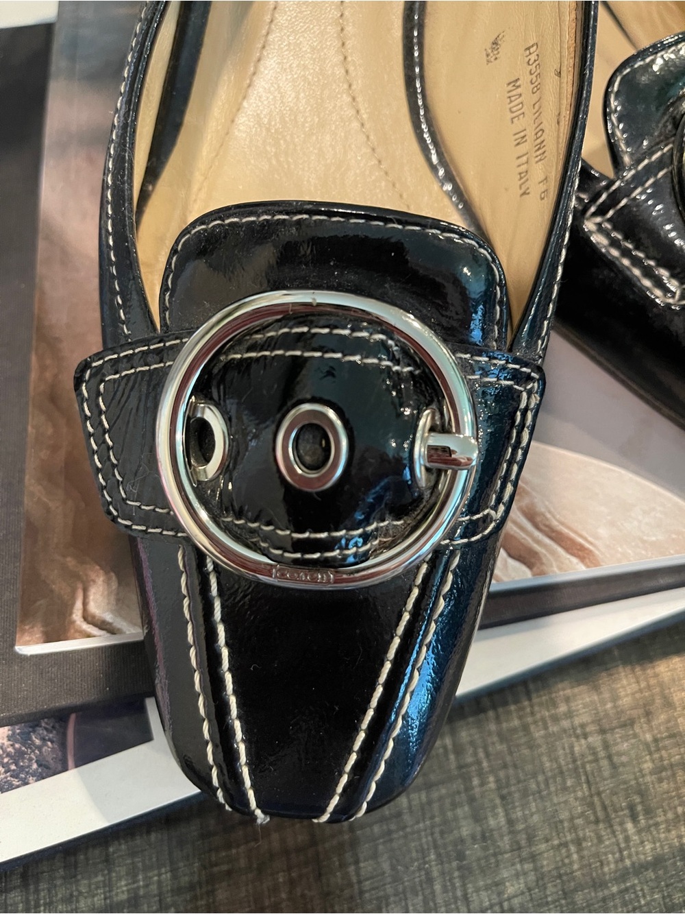 Coach Black Patent Leather Women’s Sling Back Loafer with Silver Buckle Size 9B